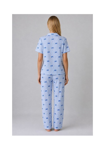 Fit Women Mavi Kurdele Desenli Çizgili Bürümcük Pijama Takımı 4645-mavi