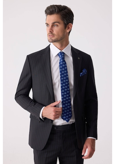 Erkek Siyah Slim Fit Çizgili %100 Yün Takım Elbise
