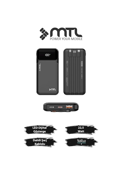 10000 Mah 22.5w Süper Hızlı Şarj Dahili Kablolu Dijital Led Göstergeli Pd Ve Qc 3.0 Powerbank Mt4310 Siyah