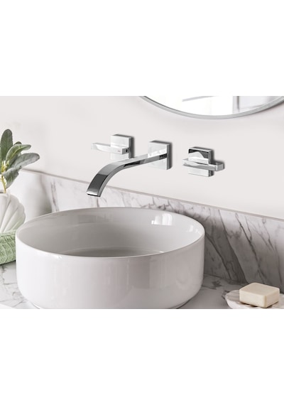 Beliani Berraco Duvara Monte Lavabo Bataryası Musluğu, Çift Kulplu, Mat Pirinç Banyo Lavabo Bataryası Gümüş