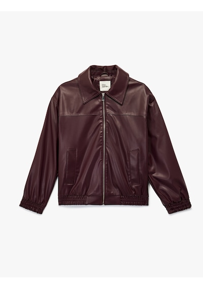 Koton Klasik Yaka Cepli Fermuarlı Suni Deri Oversize Bomber Ceket Bordo 6wal20150ıw Bordo
