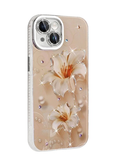 Apple Uyumlu iPhone 15 Kılıf Çiçek Desenli Parlak Taşlı Sert Silikon Zore Garden Kapak Beyaz