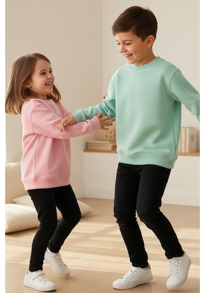 Zuzunga 2'li Basic Şardonlu Çocuk Sweatshirt Su Yeşili - Pudra 9003