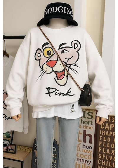 Benroma 3 İplik Penye Pink Baskılı Unisex Sweatshırt Beyaz