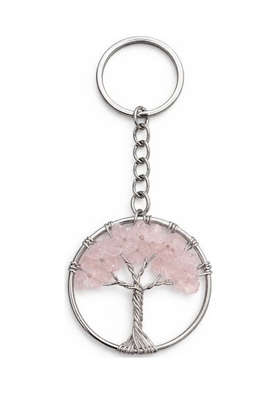 Doğal Pembe Kuvars Taşlı Hayat Ağacı Metal Anahtarlık Unisex