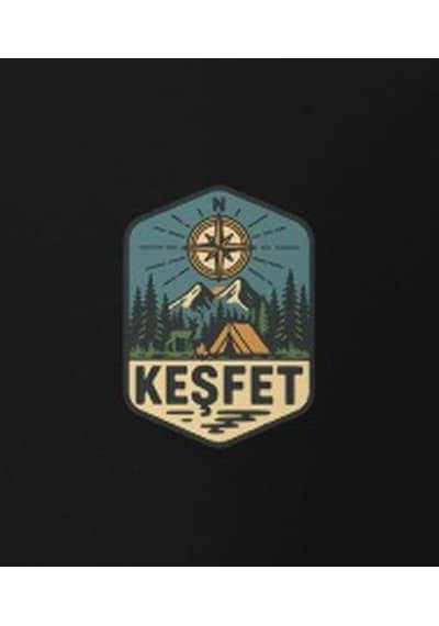 Wildstyle Keşfet Renkli Vintage Dağ Doğa Macera Kamp Rozet Baskılı Unisex Bisiklet Yaka Pamuklu Tişört Siyah