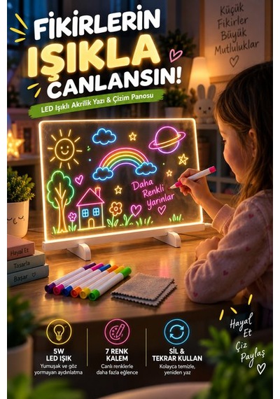 Led Işıklı Yazı Tahtası Akrilik Not Panosu Usb 5w Masaüstü Dekoratif Gece Lambası Şeffaf