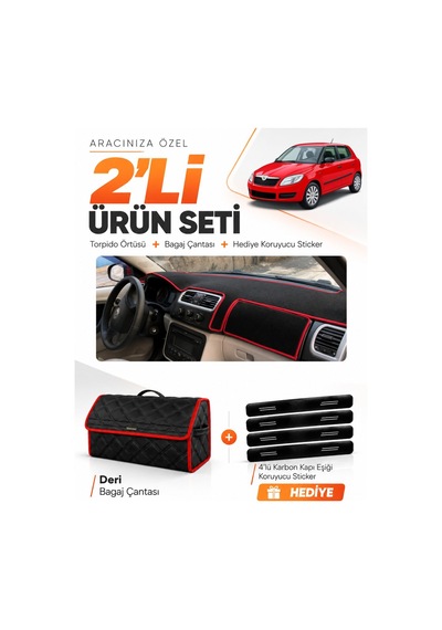 Skoda Fabia 2007-2014 Uyumlu Torpido Örtüsü + Deri Bagaj Çantası + Sticker Seti - Siyah Kırmızı
