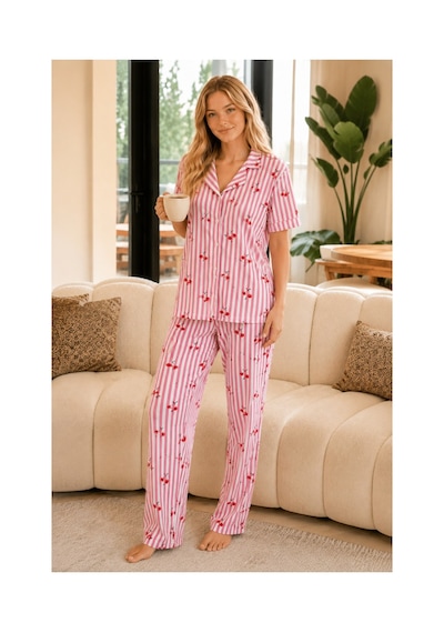 Rindahomewear Kadın Milan Kiraz Çizgi Desenli Düğmeli Pijama Takımı Ekru