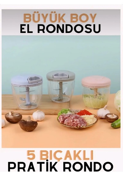 5 Bıçaklı Büyük Boy İpli El Rondosu Pratik Doğrayıcı 1000 Ml Beyaz