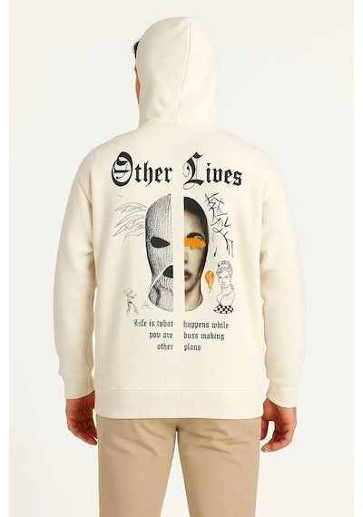 Erkek Kapüşonlu Kanguru Cepli Sweatshirt 3 İplik Pamuklu Baskılı Hoodie - Beyaz