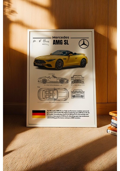 Mercedes-amg Sl Tablo - Teknik Özellikli Lüks Roadster Poster - Çerçeveli Duvar Dekoru - Blueprint Beyaz