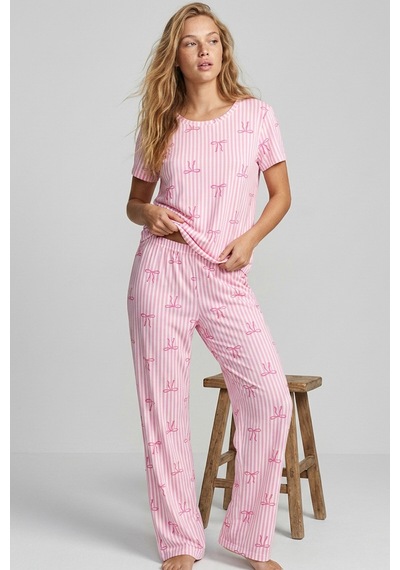 Siyah İnci İnce Soft Örme Mevsimlik Pijama Takımı 8003 Pembe Çizgili Fiyonk