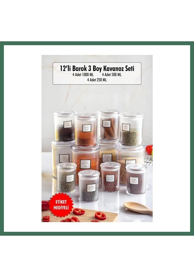 En-cag 12'li Barok Yuvarlak 3 Boy Kavanoz Seti & Saklama Kabı & Erzak Kabı 4 1000 Ml, 4 500 Ml,4 250 Ml Bss