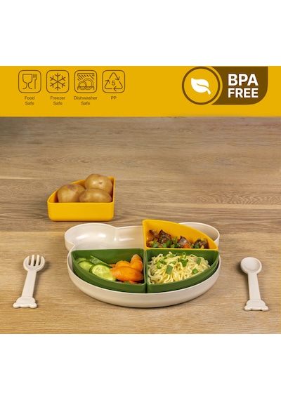 Tucklebery Buddy Ayıcık Mama Tabağı Seti – Yeşil, Sarı, Bej | Çatal-Kaşık + 5 Bölmeli, Eğlenceli & BPA İçermez, Güvenli Mama Tabağ