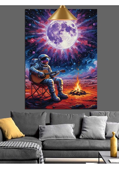 Ay Işığı Manzarasında Uzayda Gitar Çalan Astronot Dekoratif Kanvas - Mdf Ahşap Tablo