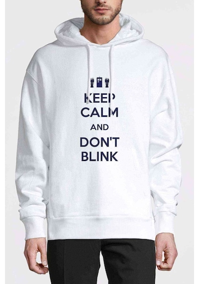 Keep Calm And Don'T Blink Baskılı Beyaz Erkek Örme Kapşonlu Sweat