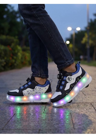 Patenli Işıklı Spor Ayakkabısı & Tekerlekli Sneakers Siyah-sax