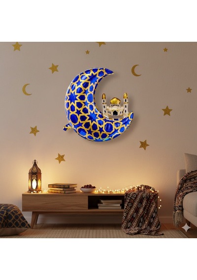 65 X 63 Cm Folyo Balon Mavi Gold Desenli Cami Figürlü Hilal - Ramazan Süs Balonu Çok Renkli