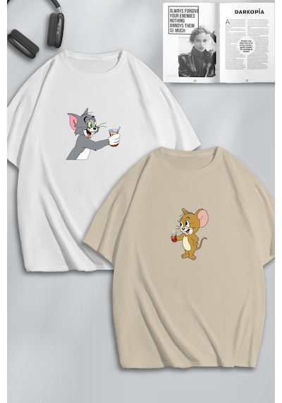 Unisex Kadın Erkek Tom Ve Jerry Çay Baskılı Sevgili Çift Kombini Tasarım Oversize Tshirt 2li Beyaz Bej Mck0478 Beyaz Bej