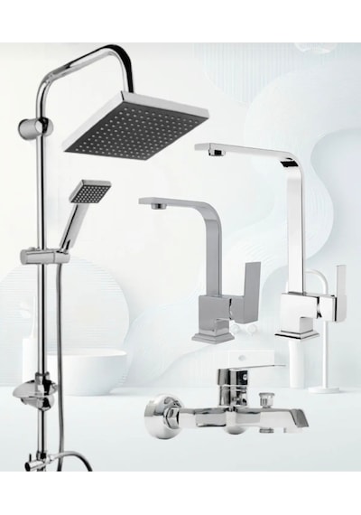 Eskaya 4 Lü Robot Duş Seti Ağır Kare Banyo Lavabo Mutfak Bataryası 4 Lü Set Garantiili Bej