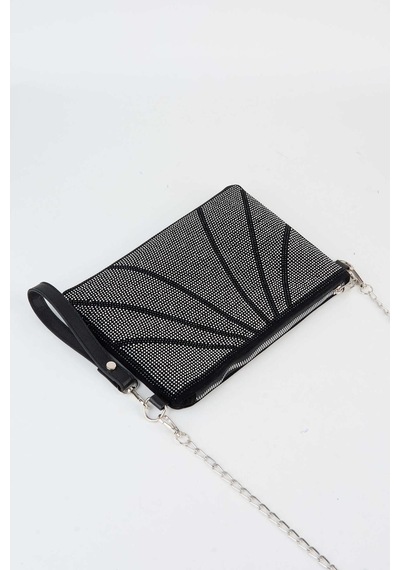 Vivaq Kadın Parça Gümüş Taşlı Süet Bilek Askılı Ve Zincir Askılı Portföy El Ve Clutch Çanta SİYAH