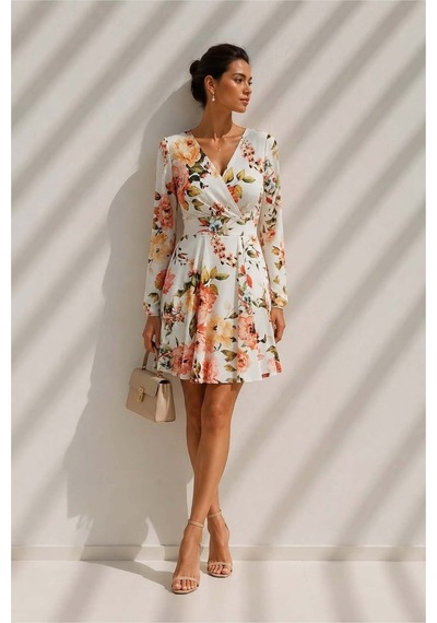 Lior Design Kadın Trend Model Kruvaze Yaka Mini Uzun Kollu Abiye Elbise Çok Renkli