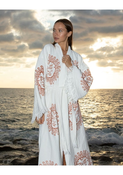 Befera Müslin Kimono Pamuklu Güneş Baskılı Desenli Bornoz Kaftan Sabahlık Ekru