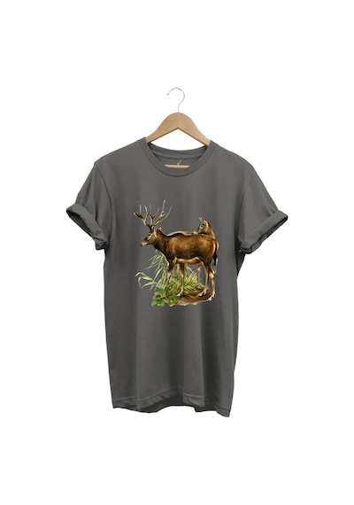 Avcılık Geyik Avcılığı Ve Doğa Baskılı Orman Temalı %100 Pamuk Regular Fit Gri T-shirt Antrasit