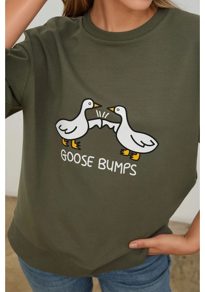 Hiccup Baskılı Yuvarlak Yaka Rahat Kesim Sweatshirt Haki