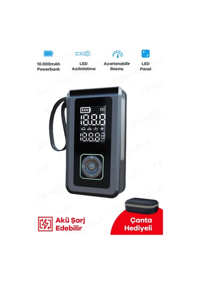 Taşınabilir Araç Pompası 10.000mah Akü Şarj Eden Otokompresör Elfeneri Powerbank Çanta  3in1