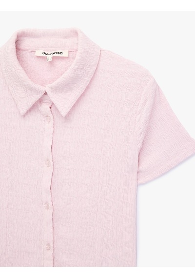 Koton Regular Fit Kısa Kollu Düğmeli Bürümcük Kumaş Polo Yaka Bluz Pembe 7wal60015ık Gül