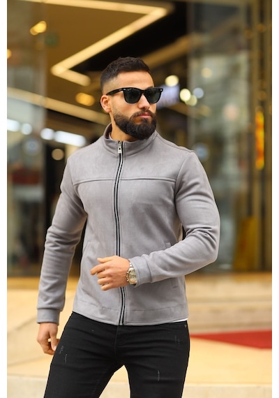 Premium Örme Triko Kol Dik Yaka Süet Ceket Gri