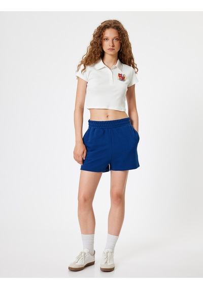 Koton Polo Yaka Tişört Crop Düğmeli Kısa Kollu Kolej İşlemeli Slim Fit Ekru 4sal11196ık Ekru