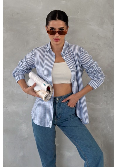Femelle Kadın Mavi Çizgili Slim Fit %100 Pamuk Gömlek
