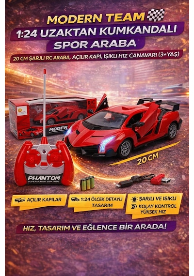 Şarjlı Uzaktan Kumandalı 20 Cm Spor Araba Modern Team Rc Yarış Arabası Açılır Kapı Kırmızı