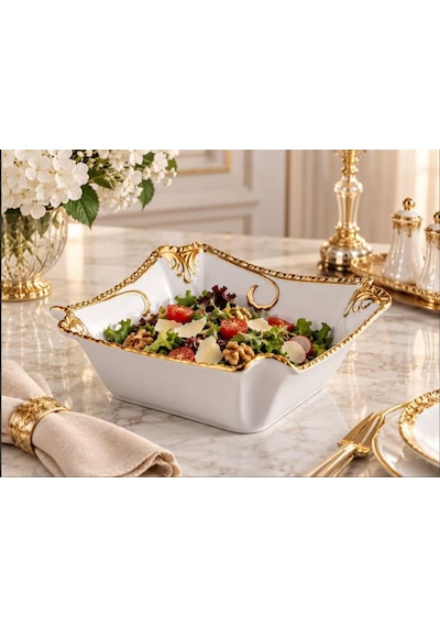 Roykıng Camelıa Altın Kare Salata Kasesi 23 Cm beyaz