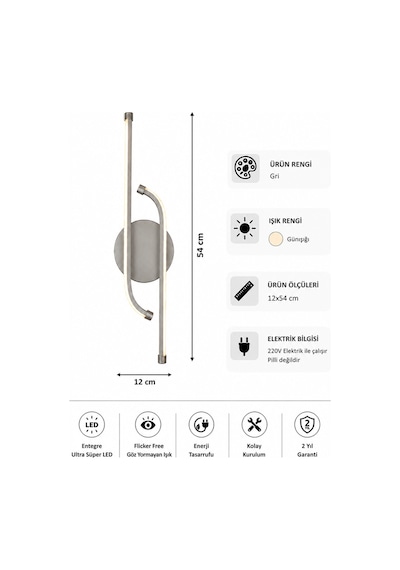 AvizeGO Unis Modern Led Duvar Apliği Günışığı Gri