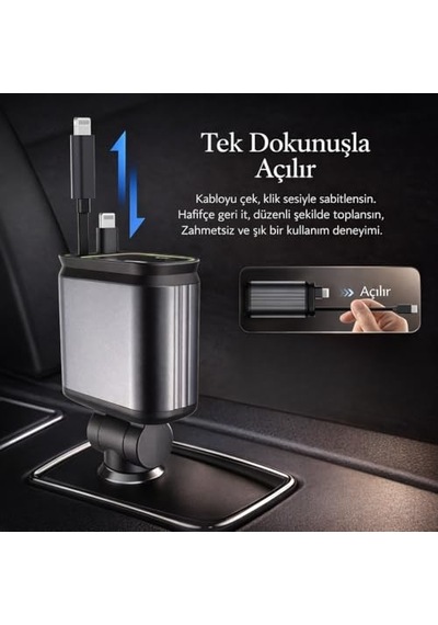 66w Hızlı Araç Şarj Cihazı, 4 Ü 1 Arada Geri Çekilebilir Kablolu Araç İçi Şarj Adaptörü, Lightning + Type-c Kablo, Usb-a Ve Usb-c Port, 12v/24v Çakmaklık Uyumlu