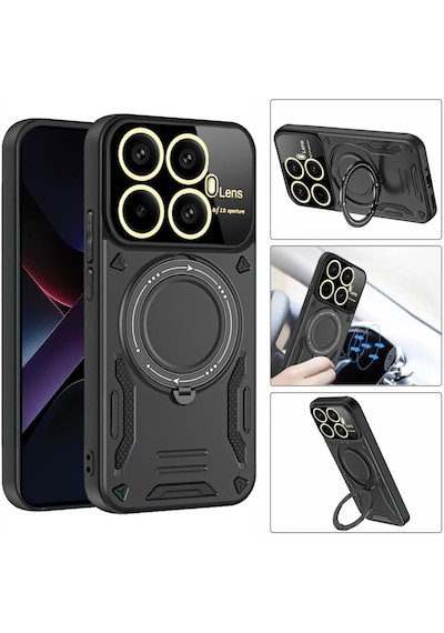 Xiaomi Mi 15t Pro Kılıf Magsafe Dönebilen Halkalı Standlı Gold Detaylı Kamera Lensli Korumalı Military Tank Kapak Siyah