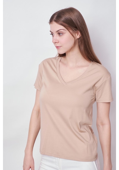 Jument Kadın V Yaka Kısa Kol Likralı Span Kumaş Şık T-shirt Bluz-koyu Bej K.bej