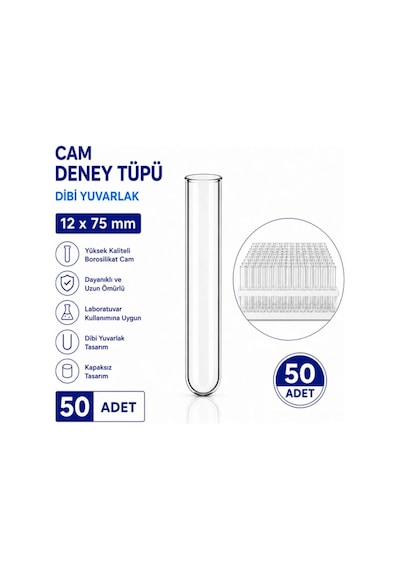 12x75 Mm Cam Deney Tüpü Dibi Yuvarlak 50 Adet Laboratuvar Test Tüpü