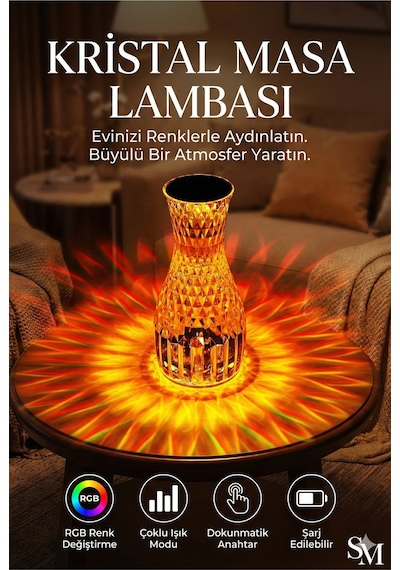 Kristal Masa Lambası Rgb Renk Değiştiren Gece Lambası 16 Renk Ve 4 Mod Dokunmatik Kontrol Diğer