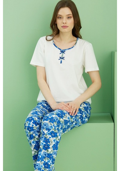 Siyah İnci V Yaka Örme Pamuklu Pijama Takım25113279 Ekru