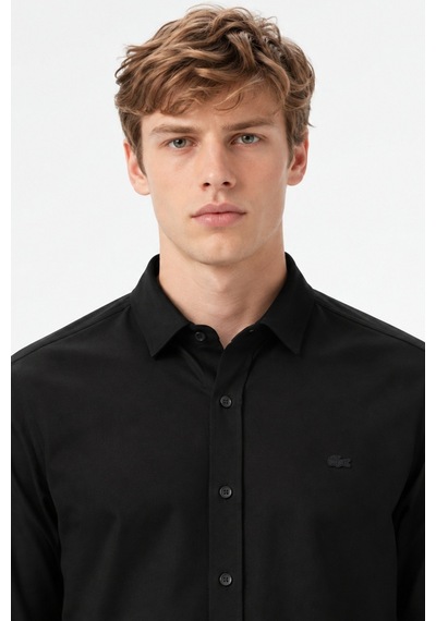 Lacoste Mens Slim Fit Black Cotton Shirt Dar Kesim Pamuklu Erkek Gömlek Siyah