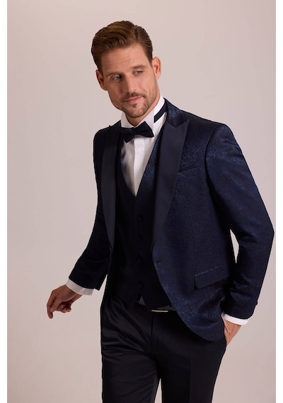 Ysf Erkek Lacivert Slim Fit Kırlangıç Yaka Desenli Damatlık