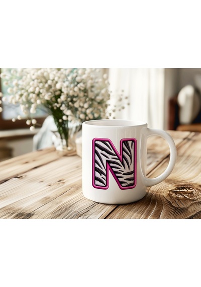 N Harfi Zebra Deseni Ve Pembe Kenarlı Kupa Bardak - Kişiye Özel Nakış Efektli - Siyah Beyaz Pembe Beyaz