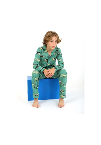 Vitmo Erkek Çocuk Pijama Takımı Düğmeli Tropikal Desen Uzun Kollu Yeşil