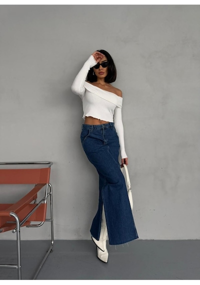Zeo Basic Yanlardan Yırtmaçlı Jean Maxi Etek Mavi