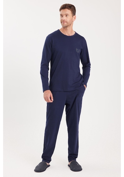 Tudors Erkek Standart Fit %100 Pamuk Bisiklet Yaka Beli Lastikli Lacivert Pijama Takımı-37935 Lacivert